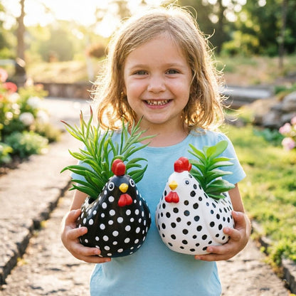 MOSYFEIBI Hens and Chicks Planter Pot Set of 2, Whimsical Chicken Planters for Indoor Outdoor Plants, Resin Succulent Pot with Drainage, Weather-Resistant Farmhouse Garden Decor (White and Black)