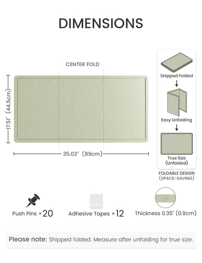 Fluxynara Bulletin Board, 35" x 17.5" Cork Board Alternative with 12 Safe Removable Adhesive Tabs, Foldable Felt Pin Board for Home Office, Classroom, Bedroom,Entryway for Walls—Sage