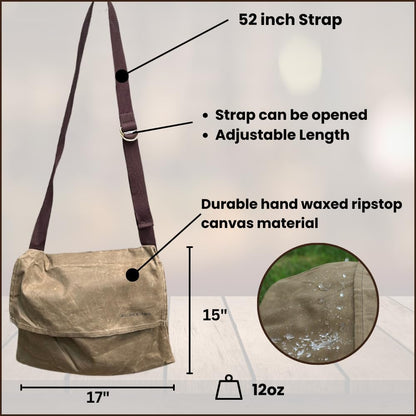 Exos Waxed Canvas Haversack, Bushcraft Shoulder Bag, Canvas Messenger Bag, Water-Resistant and Durable Gardening and Foraging Satchel - 17"x15", Dark Khaki Large