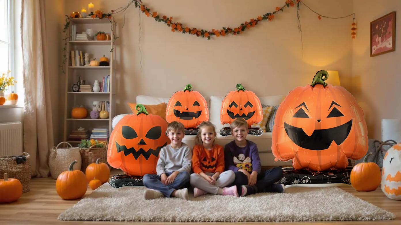 Eanjia Halloween Pumpkin Balloon Set of 4 – Giant Standing Jack-O’-Lantern Mylar Foil Balloons (3.3ft to 1.6ft) for Indoor Party Decorations, Summerween Decor, Trick or Treat Props