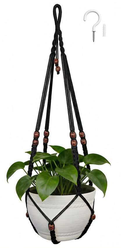 HOREAKHJ 35 Inch Macrame Plant Hanger, Large for up to 15 Inch Pot Extra Long Hanging Planter Holder Basket with Wood Beads for Indoor Outdoor Home Decor (Black, 1-Pack)