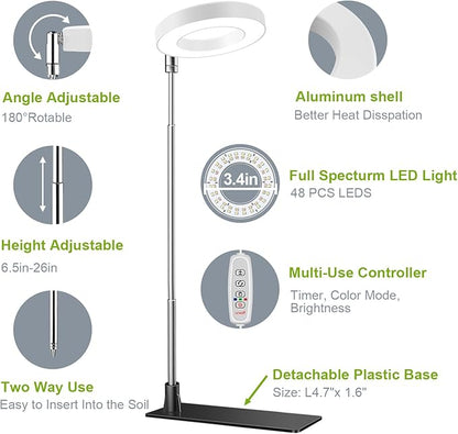 Kullsinss Grow Lights for Indoor Plants, 48 LEDs Full Spectrum Halo Plant Light for Indoor Plants, Height Adjustable Growing Lamp with Detachable Base, 3/9/12Hrs Timer, 10 Brightness, 3-Pack