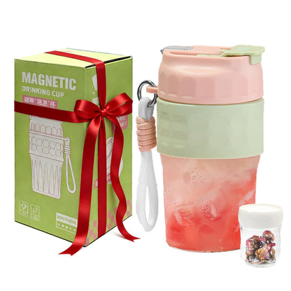 Toycol Portable Glass Bottle with Magnetic Tea Infuser, 18 OZ Water Cup with Removable Carry Strap & Insulation Sleeve, One Button Brewing for Loose Leaf Tea, Great Gift Idea for Women (Pink)