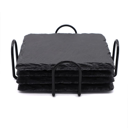 4 PCS Square Slate Drink Coasters Set, SIJDIEE 4 Inch Laser Engraving Black Slate Stone Coasters with Anti-Scratch Bottom and Coaster Holder for Office Bar Kitchen Home Dinner Table Decor Supplies