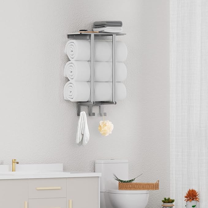 Towel Racks for Bathroom Wall Mounted, Bethom Towel Rack with Shelf and 3 Hooks, Brushed Nickel Towel Storage Holder Wall for Large Rolled Towels