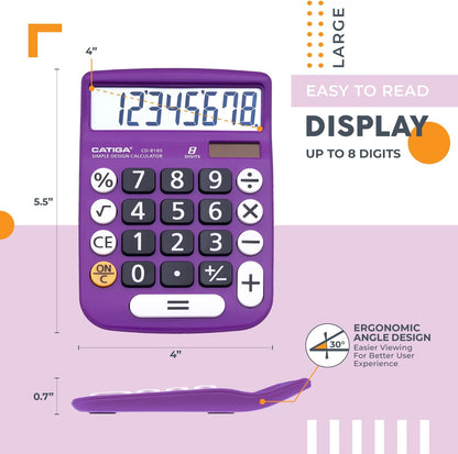 CATIGA Desktop Calculator 8 Digit with Solar Power and Easy to Read LCD Display, Big Buttons, for Home, Office, School, Class and Business, 4 Function Small Basic Calculators for Desk, CD-8185
