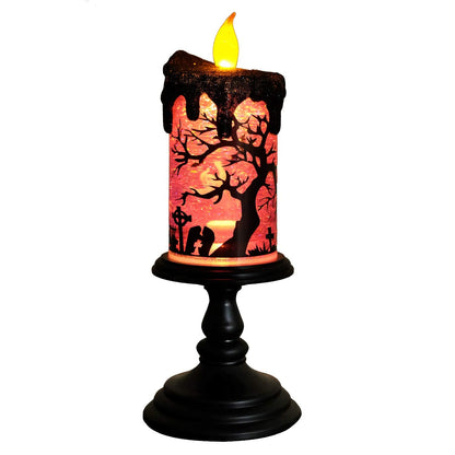 DRomance Halloween Flameless Candle Snow Globe Battery Operated with 6 Hour Timer, Purple Light Ghost Decal Water Tornado Lamp LED Candlestick Halloween Season Decor Gift 4 x 10 Inches