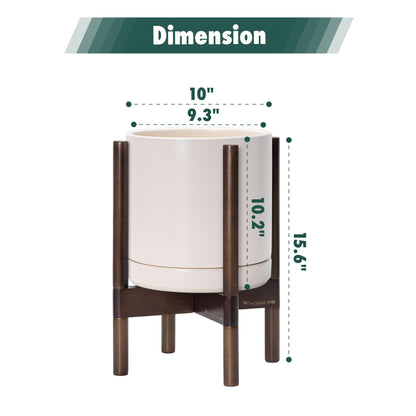 D'vine Dev Ceramic Planter with Walnut Color Stand - 10 Inch Modern Round Flower Pot with Wood Planter Holder, Oatmeal, 55-B-X-8