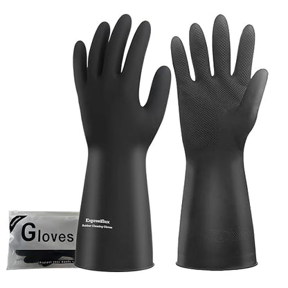 Heavy-Duty Thick Black Rubber Cleaning Gloves, 1 Pair, M | Reusable & waterproof black/orange dual layers. Non-slip design for dishwashing, kitchen cleaning, and auto care.