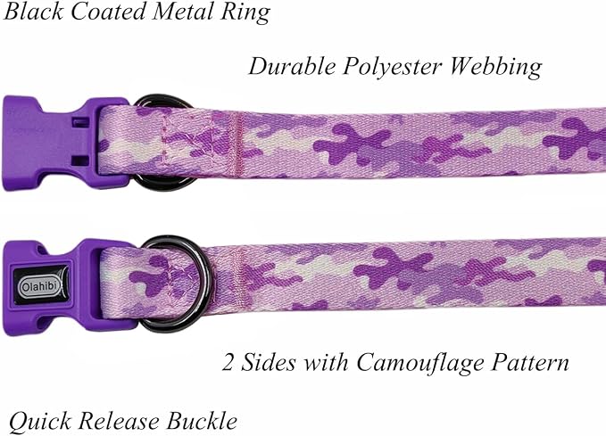 Dog Collar Leash Set, Camouflage Pattern, Polyester Material, Adjustable Collar and 5ft Matching Leash, for Puppy Dogs.(XS, Purple Camo)
