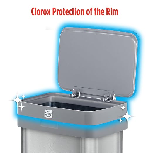 Clorox 13 Gallon Trash Can - 50L Kitchen Trash Can with Wide Step Pedal - Rectangular Stainless Steel Garbage Bin with Hinged Rim and Odor Protection