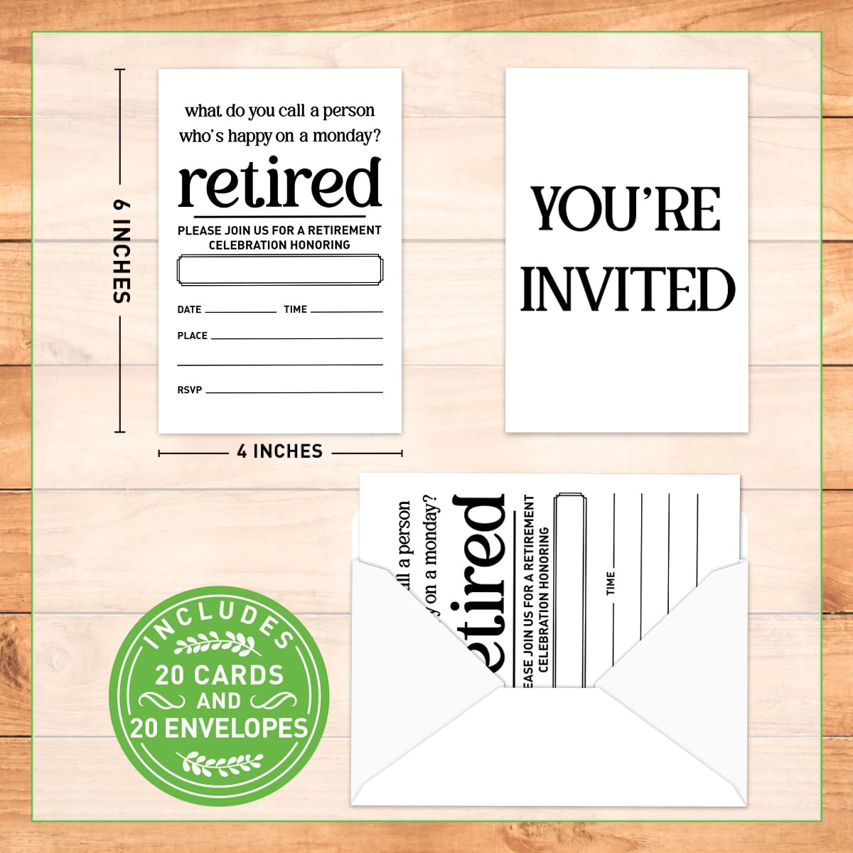Weifuju Funny Retirement Party Invitations for Women Men, Retirement Party Invite Cards, 20 Invites with Envelopes (4"x6")