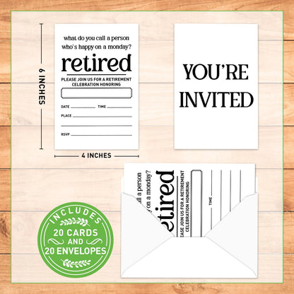 Weifuju Funny Retirement Party Invitations for Women Men, Retirement Party Invite Cards, 20 Invites with Envelopes (4"x6")