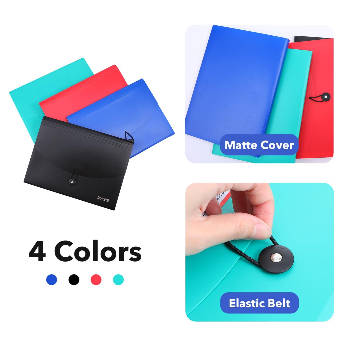4-Pack A4 Accordion File Organizer with Rope Closure, 7 Pockets Accordion File OrganizerSmall Document Organizer in Black Blue Green Red, Includes 4 Label Sheets