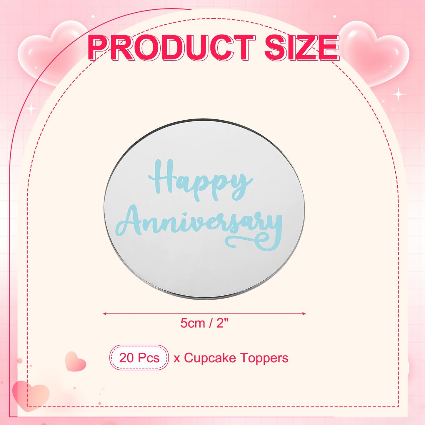 uxcell 20Pcs Acrylic Mirror Cake Toppers, Happy Anniversary Cupcake Toppers Round Shapes Laser Picks Dessert Decorations for Celebrating Party Wedding Shower, 059-Silver