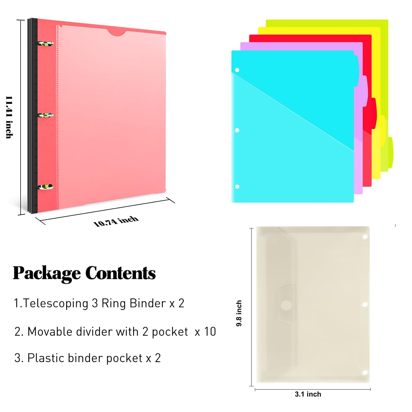 INFUN 1 Inch Telescoping Project Organizer Binder-2PCS,13 Pocket, Customizable Front Cover, 5 Colors Pocket Divider and Plastic Binder Pocket，225 Sheet Capacity-Red
