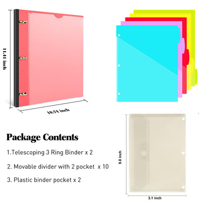 INFUN 1 Inch Telescoping Project Organizer Binder-2PCS,13 Pocket, Customizable Front Cover, 5 Colors Pocket Divider and Plastic Binder Pocket，225 Sheet Capacity-Red