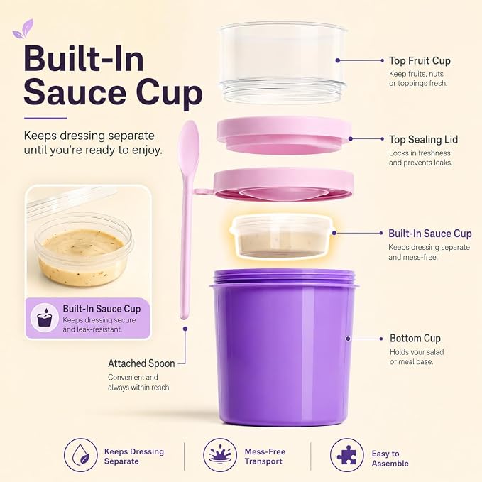 27oz Reusable Yogurt Parfait & Overnight Oats Cups – 100% Leakproof with Lid & Spoon, 4-Pack for Meal Prep, Breakfast & Gym Lunch(Purple,Blue)