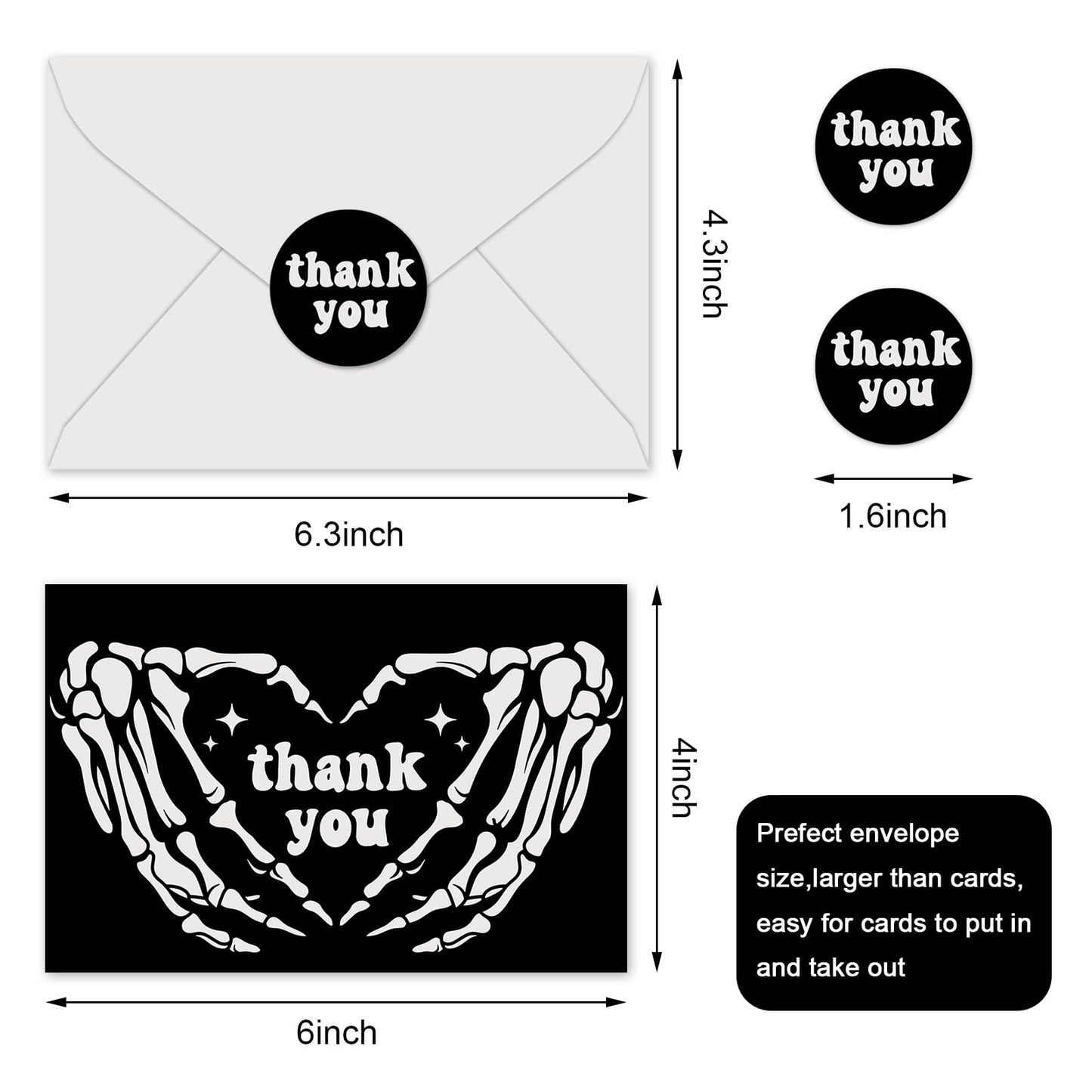 JarThenaAMCS 24Pcs Halloween Thank You Cards with Envelopes and Stickers Skeleton Hands Greeting Cards White Black Blank Note Cards for Halloween Party Supplies