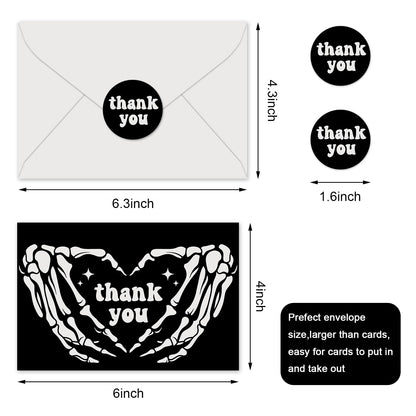 JarThenaAMCS 24Pcs Halloween Thank You Cards with Envelopes and Stickers Skeleton Hands Greeting Cards White Black Blank Note Cards for Halloween Party Supplies