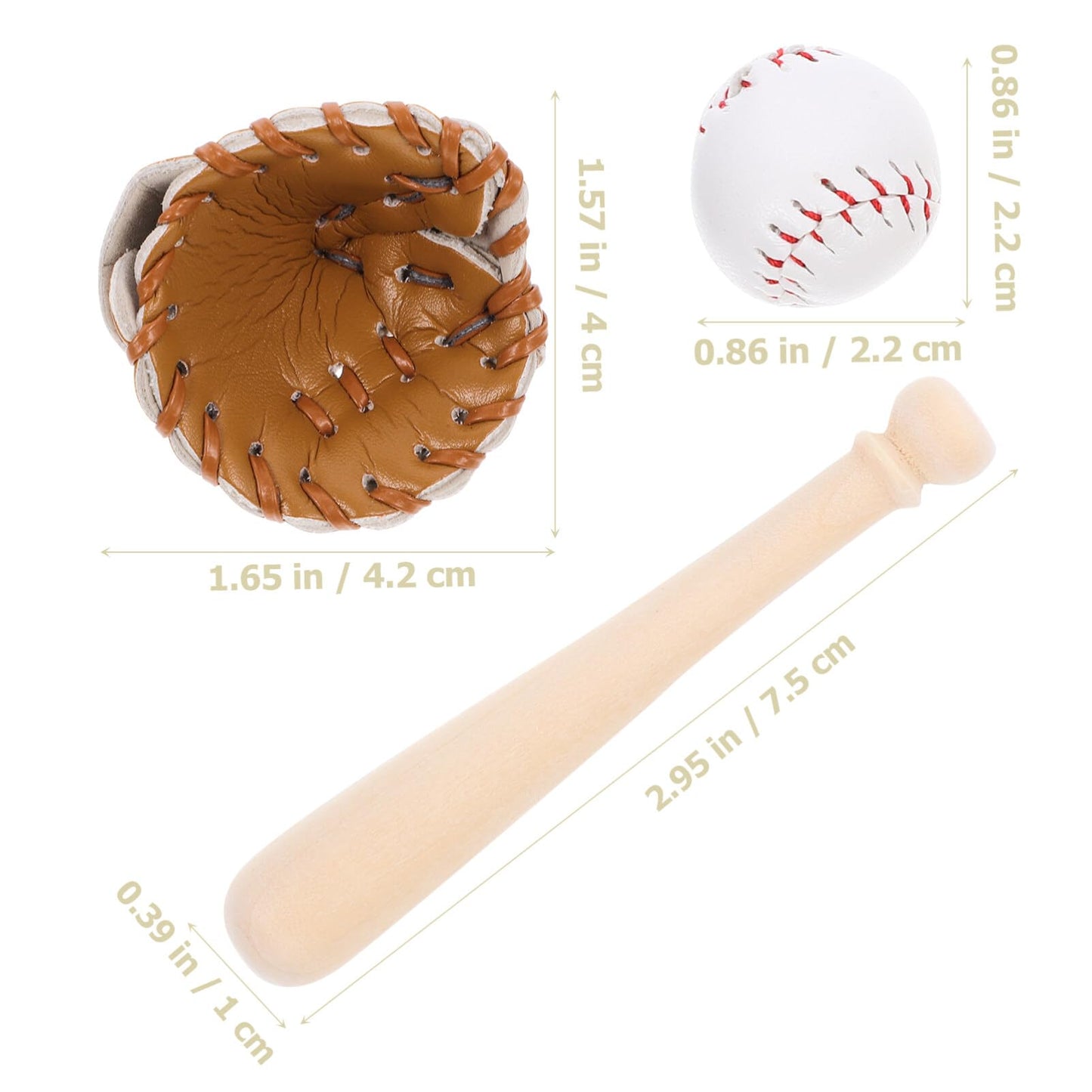 Toyvian Miniature Baseball Bat: Baseball Cake Topper, Light Brown Mini Dollhouse Glove and Ball Set Decorations - Wooden & Leather Cake Topper for Kids Mini House Party Favors(2.95X0.39X0.39in)