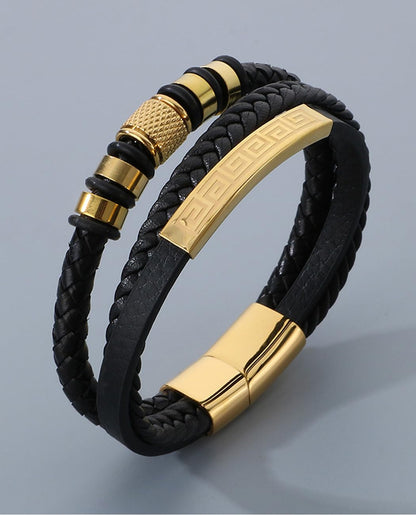 Kim Carrey Italian Handmade Genuine Leather Bracelets for Men Stainless Steel Clip, Men's Casual Genuine Multi-layer Cuff Bracelet, Bracelet Gift for Real Men (Golden)