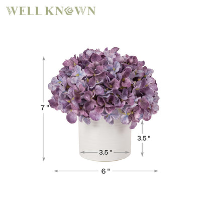 Hydrangea Fake Flowers in Vase, Artificial Flowers with Ceramic Vase Small Faux Potted Floral Arrangements for Bathroom Home Desk Kitchen Counter Vanity Shelf Coffee Table Centerpiece Decor (Purple)