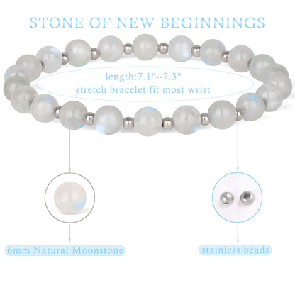 QOGIR Moonstone - New Beginnings - Stainless Silver Beads Natural Gemstone Stretch Elastic Dainty Healing Beaded Bracelets Gifts 6mm