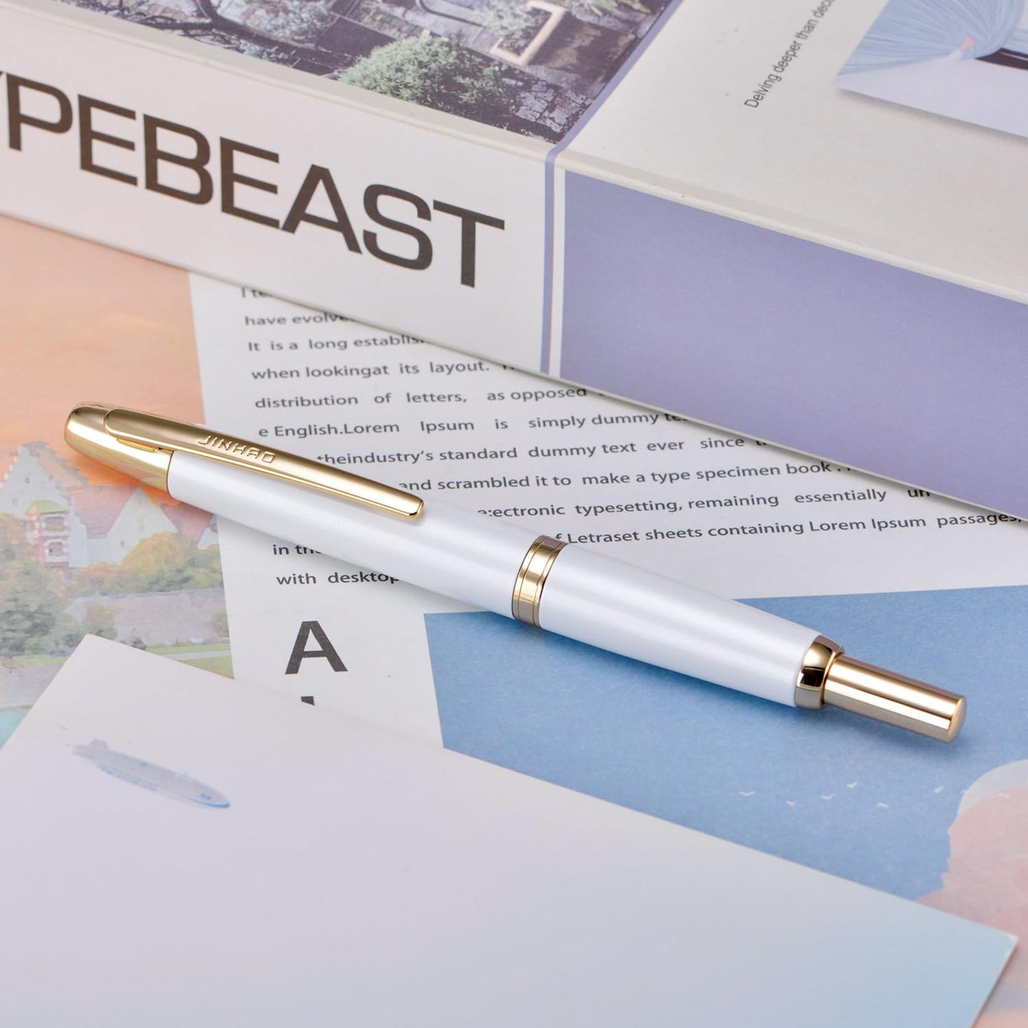 Jinhao 10 Press Fountain Pen with Box, Pearl White Retractable Extra Fine Nib with Ink Converter Set (Golden Clip)