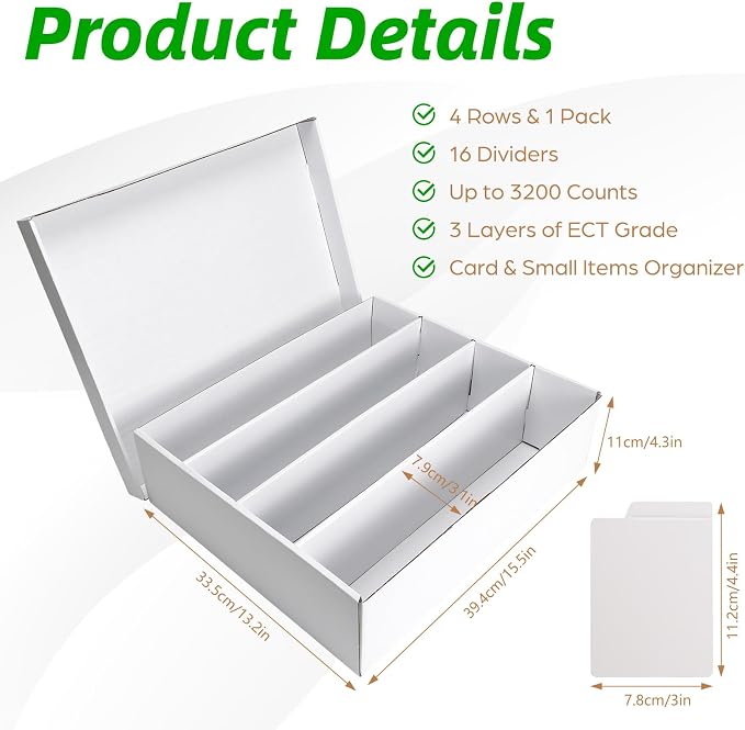 Calenzana 3200-Count Trading Cardboard Card Storage Boxes 1 Pack, 4 Row White Card Box with 16 Dividers, MTG, TCG Card Organizer