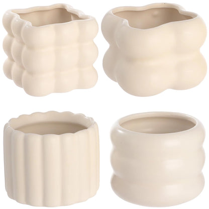 NIMBLOOM 4 PCS Ceramic Succulent Pots, Creamy Soft Shape Decorative Plant Pots Puffy Design Minimalist Sculpted Ceramic Planters with Drainage Hole and Anti-Slip Base for Cozy Home Decor