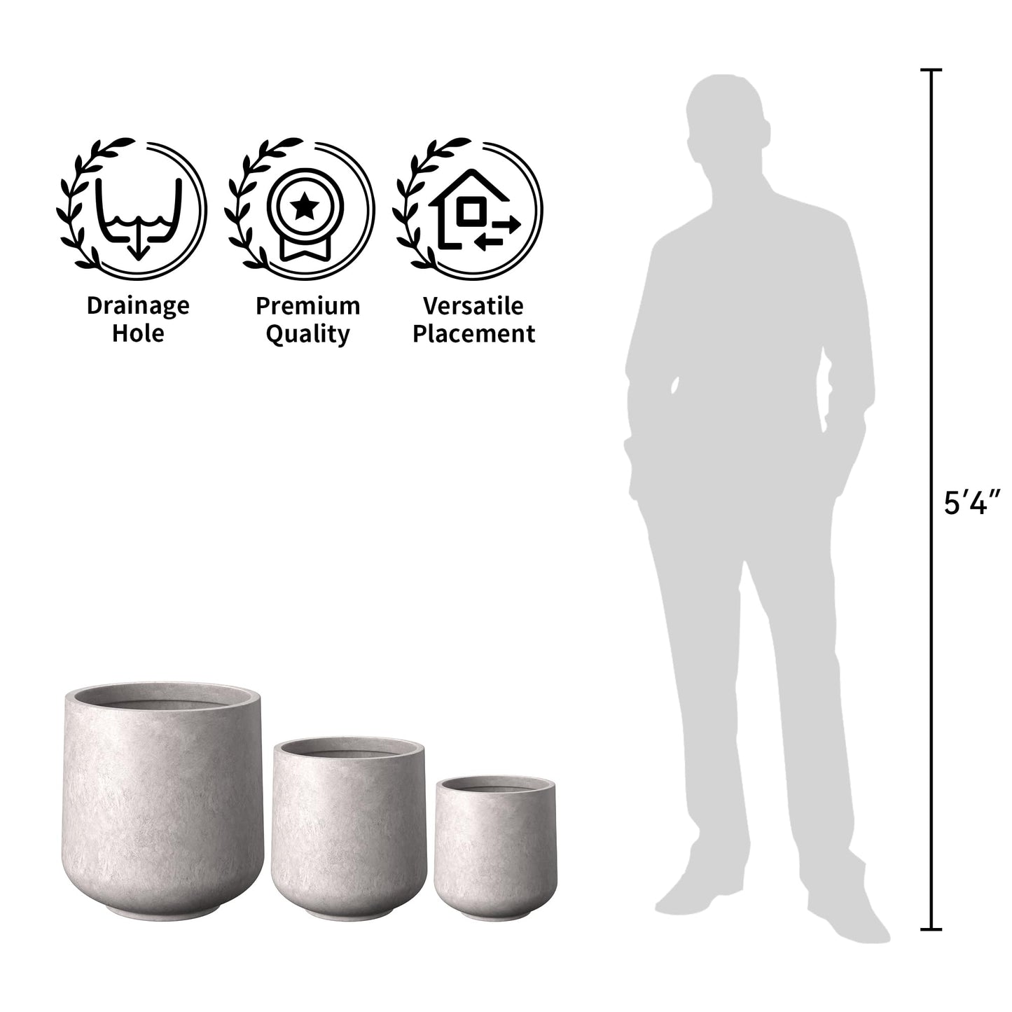Kante 15.3" Dia Round Concrete Planter, Outdoor Indoor Large Plant Pots Containers with Drainage Hole and Rubber Plug for Home Garden Patio, Light Gray