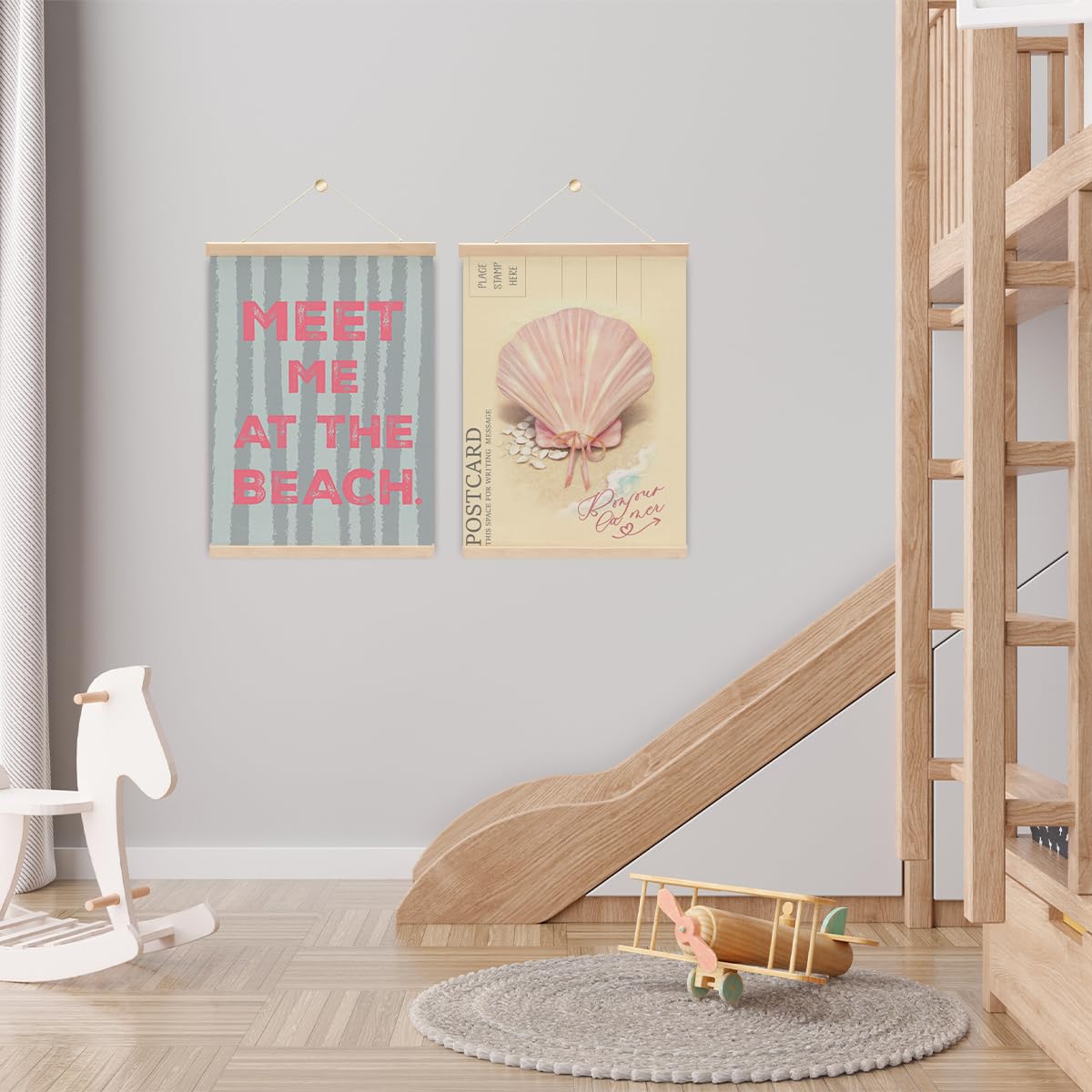 Set Of 2 Meet Me At The Beach Poster Hanger,Preppy Pink Seashell Coastal Wall Art With Wooden Poster Hanger,Aesthetic Seashell Art Posters Decor for Girls Room Dorm Apartment Decor 15.8x11.8 Inch