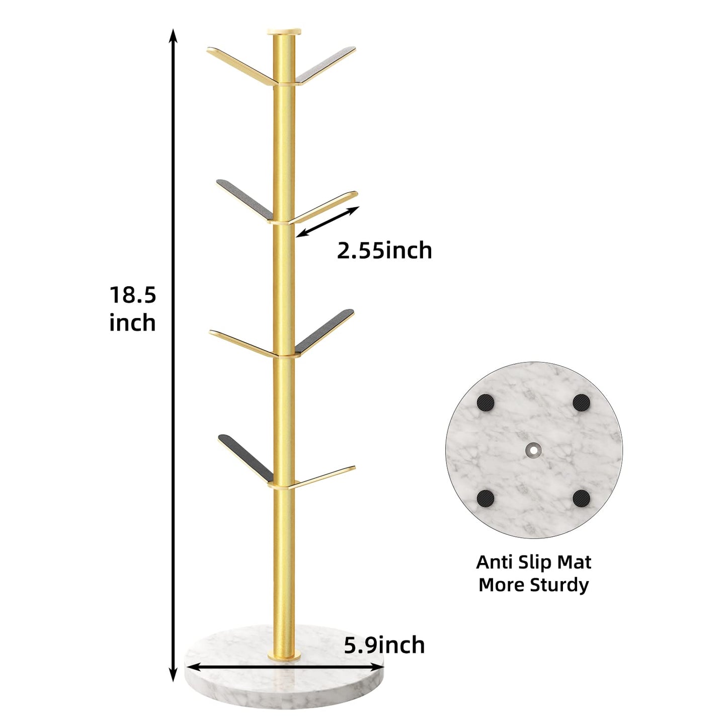 Gypie Gold Mug Holder Tree with Marble Base, 8 Hooks Coffee Cups Holder Stand, New Upgrad Stable Removable Mug Rack for Kitchen Cafe
