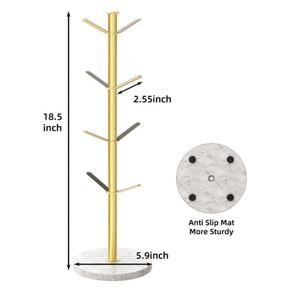 Gypie Gold Mug Holder Tree with Marble Base, 8 Hooks Coffee Cups Holder Stand, New Upgrad Stable Removable Mug Rack for Kitchen Cafe