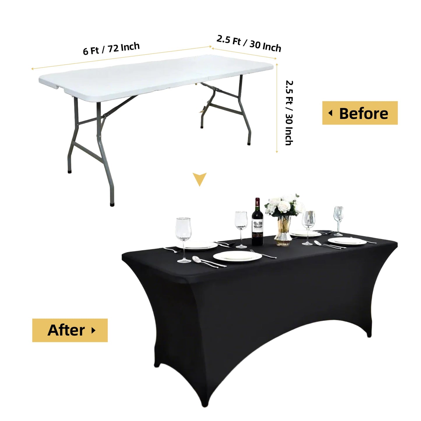 ZarzaaSik 2-Pack 6ft Black Spandex Table Covers for Rectangle Standard Folding Tables - Wrinkle Resistant Stretch Tablecloths - Ultimate Fitted Table Protector for Parties, Trade Shows, Banquet