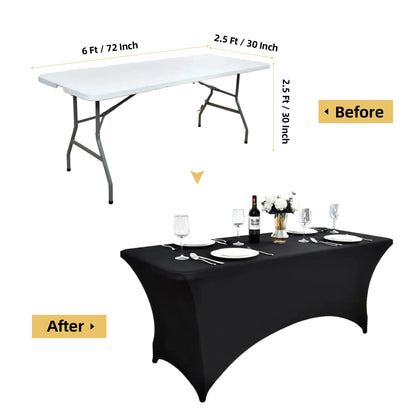 ZarzaaSik 2-Pack 6ft Black Spandex Table Covers for Rectangle Standard Folding Tables - Wrinkle Resistant Stretch Tablecloths - Ultimate Fitted Table Protector for Parties, Trade Shows, Banquet