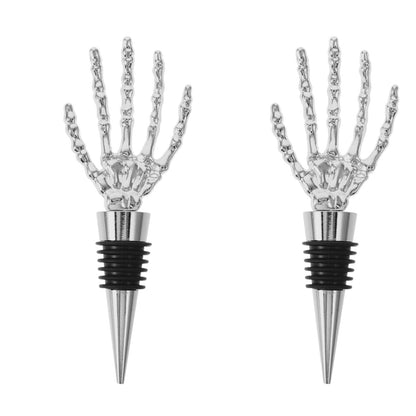 Garneck 2pcs Halloween Wine Bottle Stopper Silver Skeleton Hand Shaped Decorative Bottle Plug Alloy Skeleton Hand Stopper for Wine Beverage Halloween Party Favors