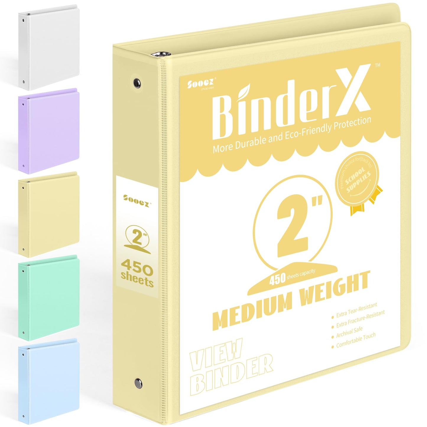BinderX Extra Durable 3 Ring Binder, Round Ring 2 Inch Binders, Fits 450 Sheets of 8.5x11 Paper, Customizable View Cover with Inside Pockets, Cute 2" Binder, School Supplies for Girls, Yellow
