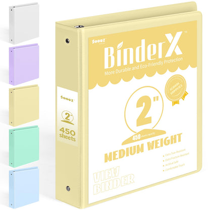 BinderX Extra Durable 3 Ring Binder, Round Ring 2 Inch Binders, Fits 450 Sheets of 8.5x11 Paper, Customizable View Cover with Inside Pockets, Cute 2" Binder, School Supplies for Girls, Yellow