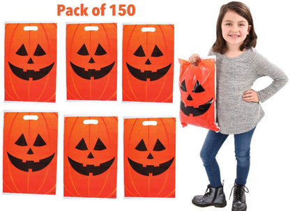 GiftExpress 150‑Pack 11″ × 17″ Jack O  Lantern Trick or Treat Goody Bags – Durable Plastic Halloween Party Favor Bags