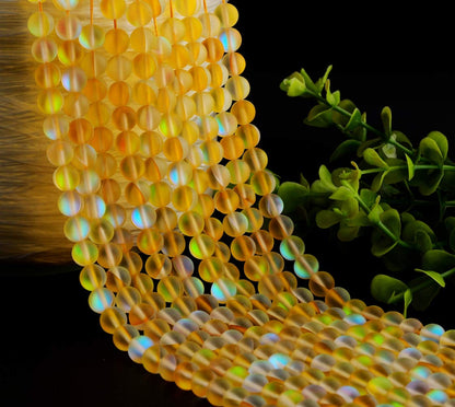 Matte Aurora Crystal Glass Beads Yellow 100pcs 8mm Flash Glitter Shining Mermaid Round Loose Aura Bead Frosted Moonstone for Jewelry Making (Yellow, 8mm)