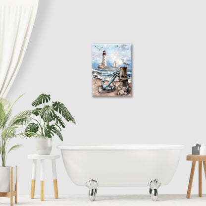Nautical Wall Art Beach Lighthouse Anchor Pictures Wall Decor Coastal Canvas Prints Framed Paintings Artwork For Bathroom Kitchen Bedroom Dinning Room Living Room Office 12"x16"