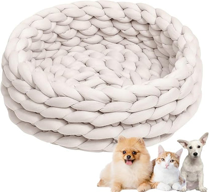 Woven Dog Bed Basket, Knitted Cotton Cat Bed Round Washable Woven Cat Pet Bed Chunky Dog Basket, Orthopedic, Chunky Knit Dog Nest,Dog Bed,Dog Cave,Dog Bedding(Beige,17")