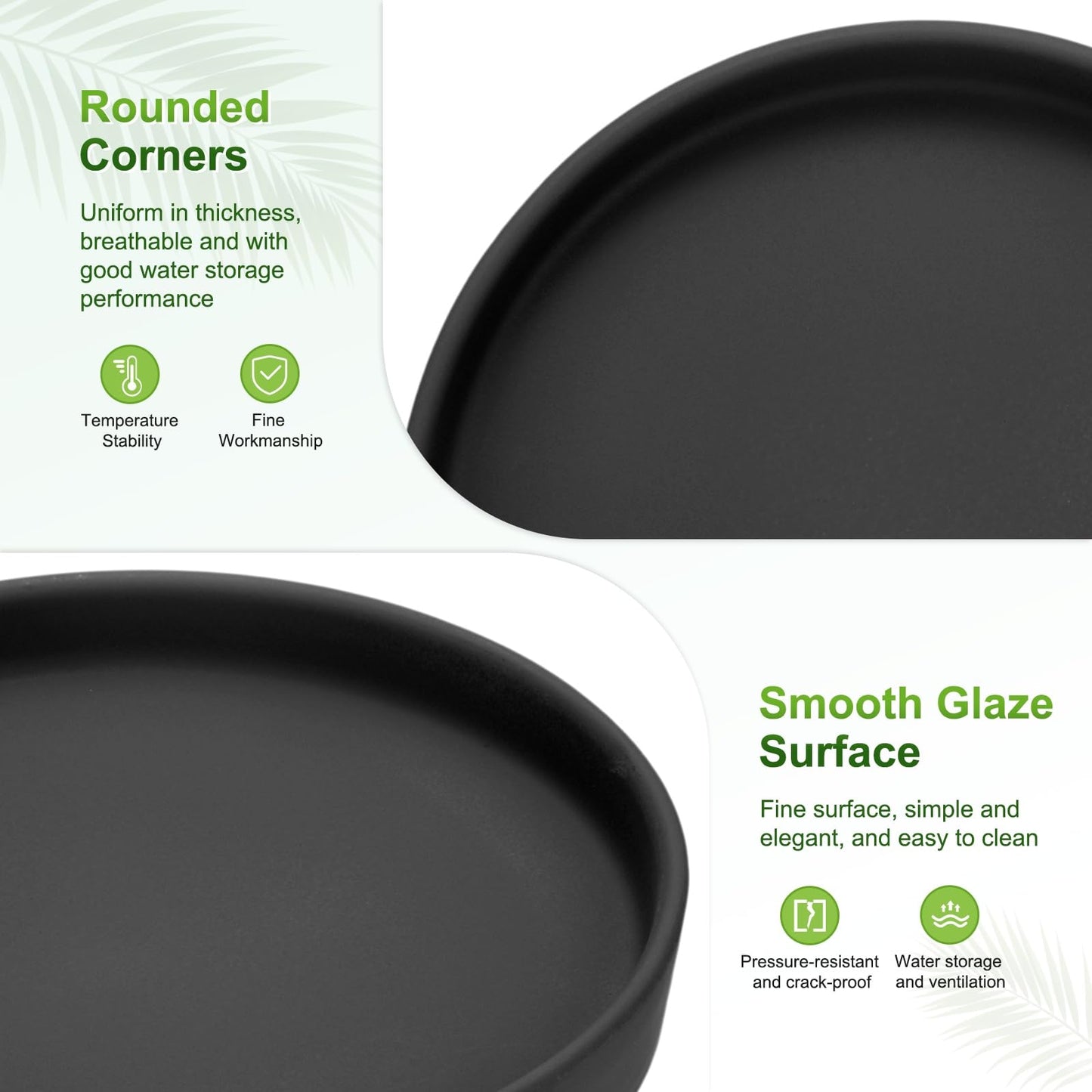 M METERXITY 2-Pack Plant Saucers, 6.3 Inch ID Anti-Rot Root Ceramic Flower Pot Plant Saucers for Indoor/Outdoor, Round Flowerpot Drip Tray [6.9 Inch OD, Black]