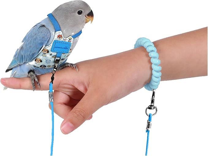 Bird Harness Leash Set Adjustable Vest Anti-Lost Wrist Strap for Parakeet Cockatiel Conure Lovebird (Blue, Sun Conure: 5.5 * 10cm / 5g)