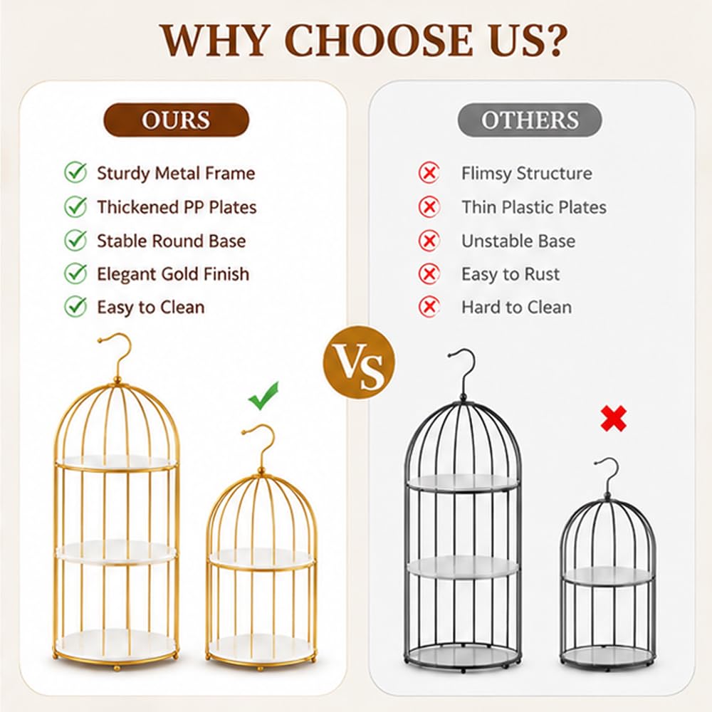 AIJIDIWO Gold Bird Cage Cupcake Stand Set, 2-Piece 3-Tier and 2-Tier Acrylic Dessert Display Trays, Metal Serving Stands for Wedding, Birthday, Baby Shower, Tea Party and Buffet Table Decor