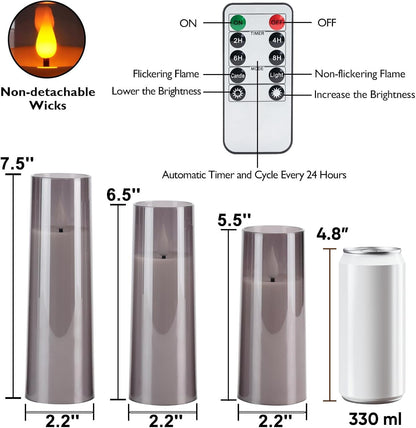 Amagic Grey Flameless Candles 9 Set, Battery Operated Candles with Remote Control and Timer, Flickering LED Pillar Candles for Home Halloween Decor, 3D Wick, Warm Yellow Light, D2.2 xH5 6" 7"