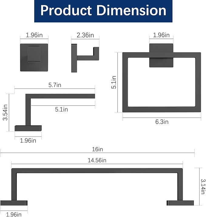 Gypie 5-Piece Bathroom Hardware Accessories Set, Towel Racks for Bathroom Wall Mounted Stainless Steel, Matte Black Towel Bar Set 16In