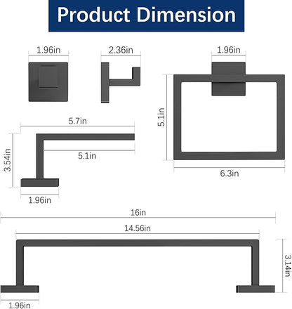 Gypie 5-Piece Bathroom Hardware Accessories Set, Towel Racks for Bathroom Wall Mounted Stainless Steel, Matte Black Towel Bar Set 16In